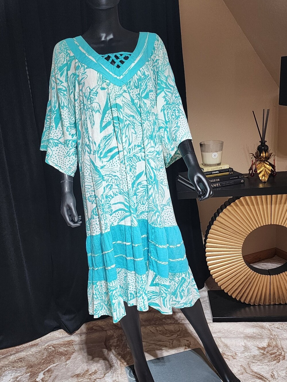 NATIONAL 80s Tropical Caftan Dress Turquoise Resort Boho Midi M/L - Picture 3 of 12